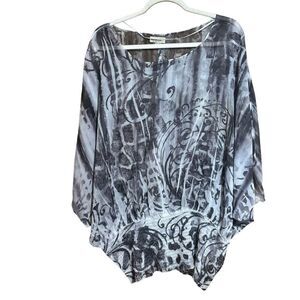 One World Tunic Top Womens 1X Multicolor Boho Print Sheer Smocked Hem Blouse